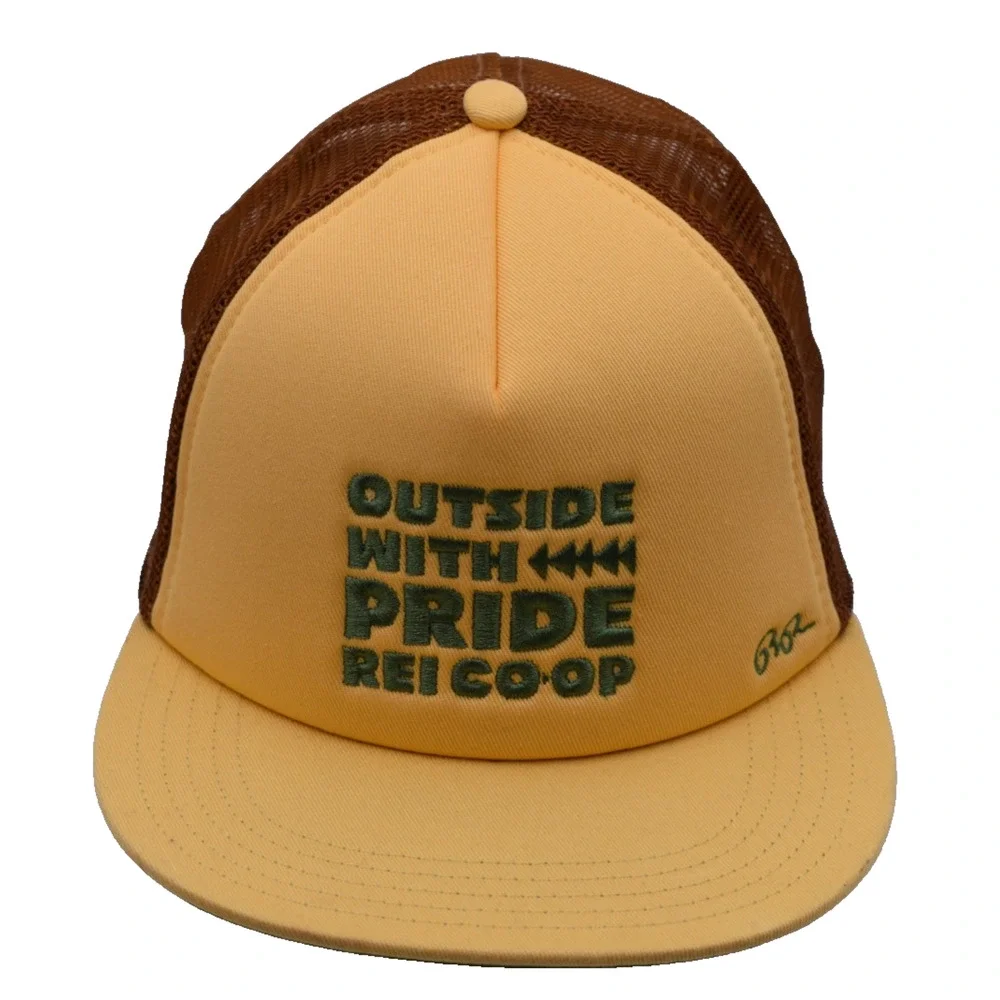 REI Co-Op OUTSIDE WITH PRIDE Mesh Trucker Snapback Hat Yellow/Brown Adult OSFA